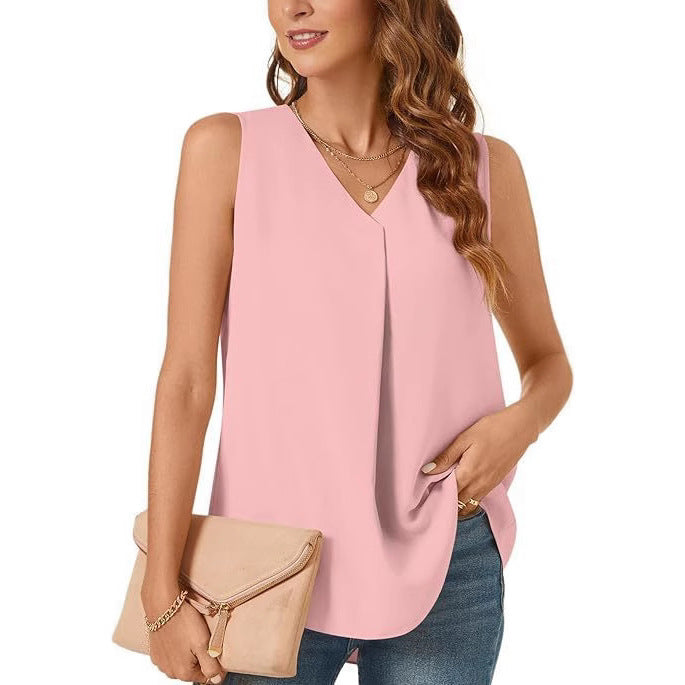 Women V-neck Pleated Casual Top Ivyshape