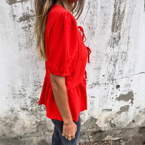 Ladies Ruffle Peplum Blouse with Tied Belt Ivyshape