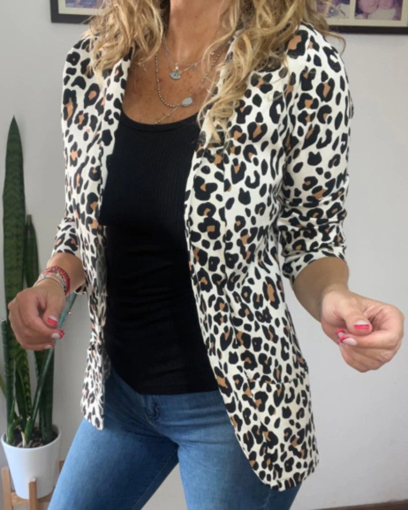 Ladies Stylish Open Blazer Jacket with Leo Pattern Ivyshape