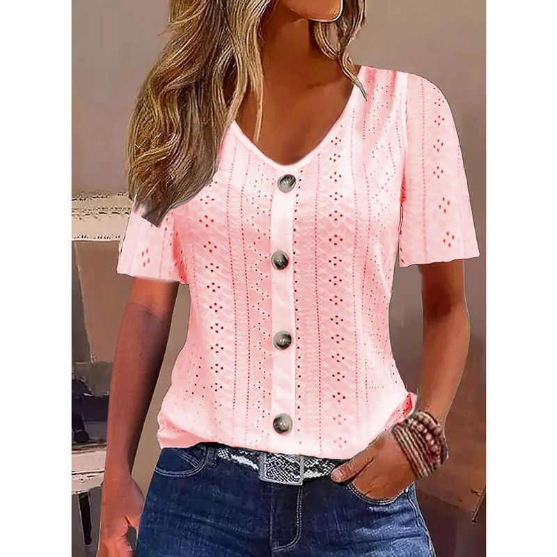 Ladies short sleeve blouse with decorative buttons and lace pattern Ivyshape