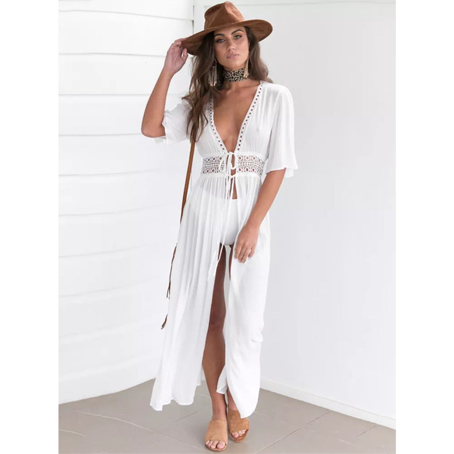 Ladies airy beach tunic with crocheted detail and tie belt Ivyshape