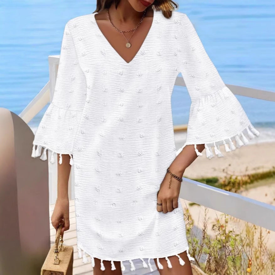 Ladies beach dress with elegant fringes Ivyshape