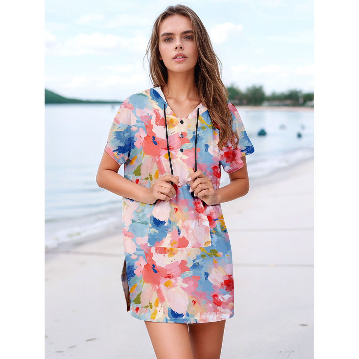 Women's beach dress with practical hood and button details Ivyshape