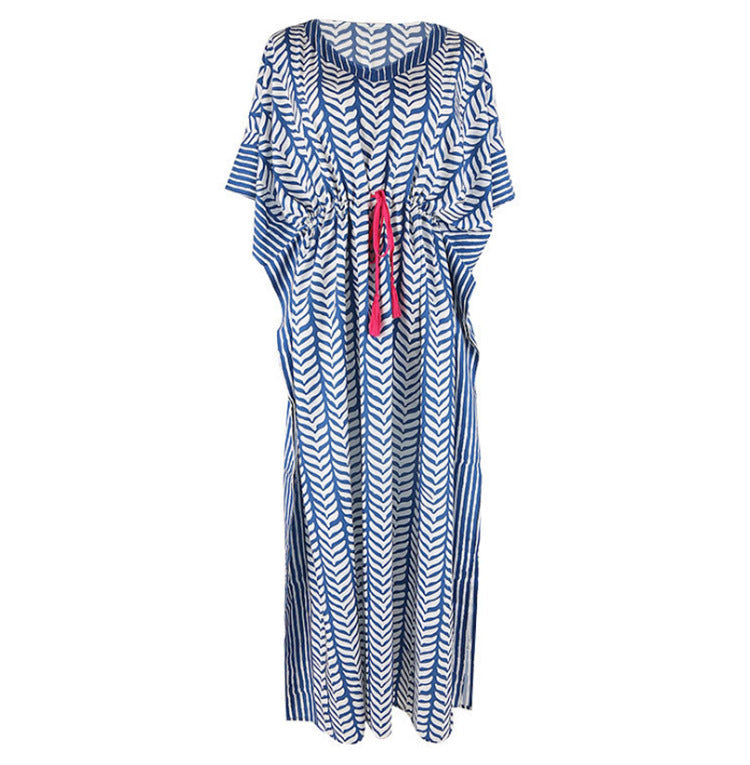 Women's beach kaftan with modern tropical design and tie belt Ivyshape