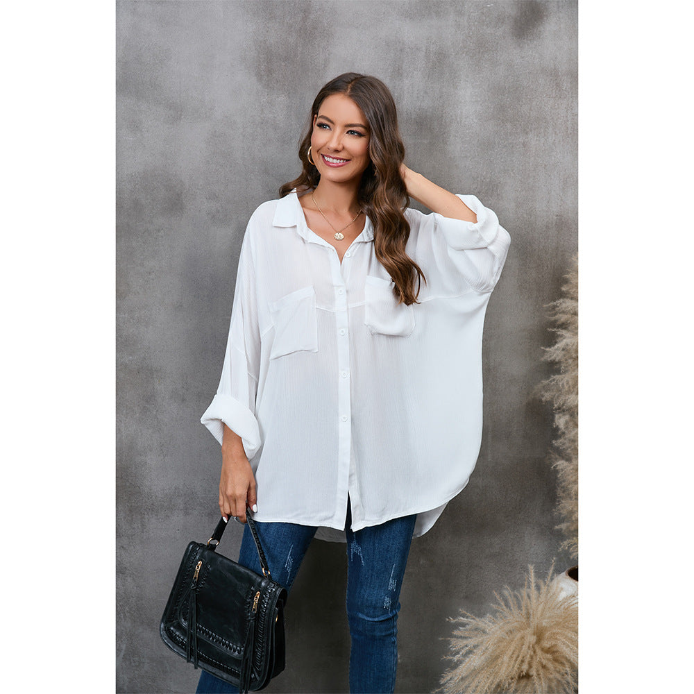 Women's casual oversized blouse with patch pockets Ivyshape