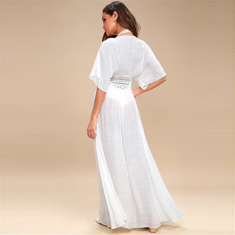 Women elegant transparent beach cover-up with artistic crochet accents Ivyshape