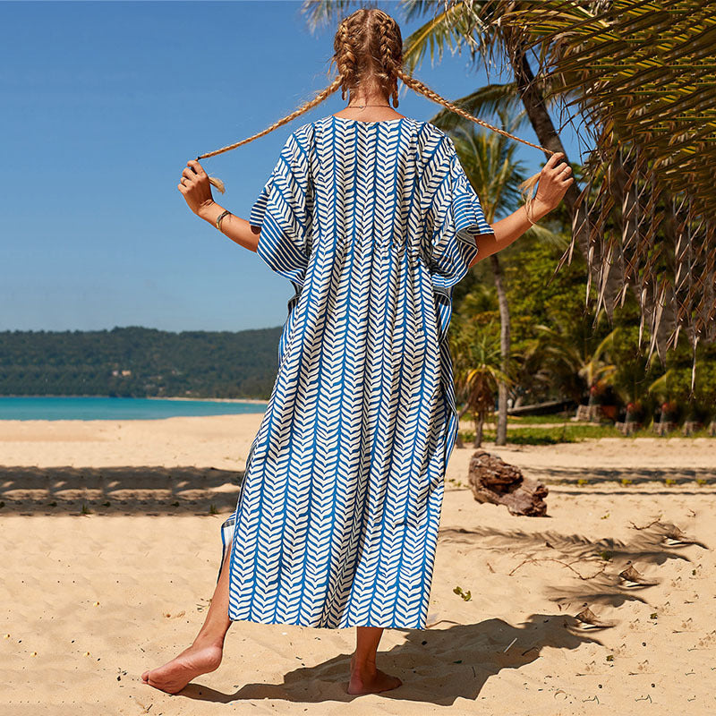 Women's beach kaftan with modern tropical design and tie belt Ivyshape