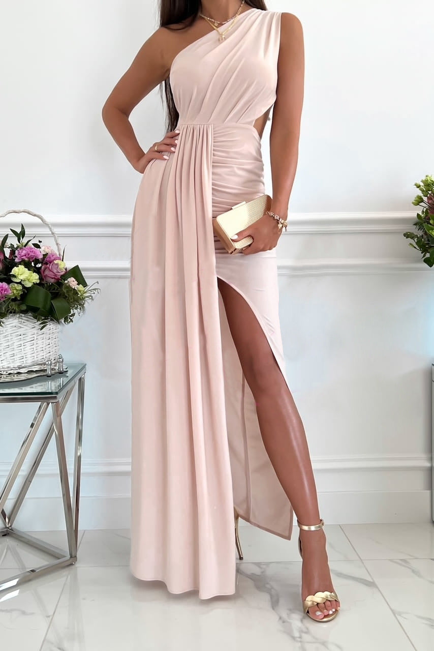 Women's Elegant One-Shoulder Maxi Dress with Draped Top and Side Slit Ivyshape