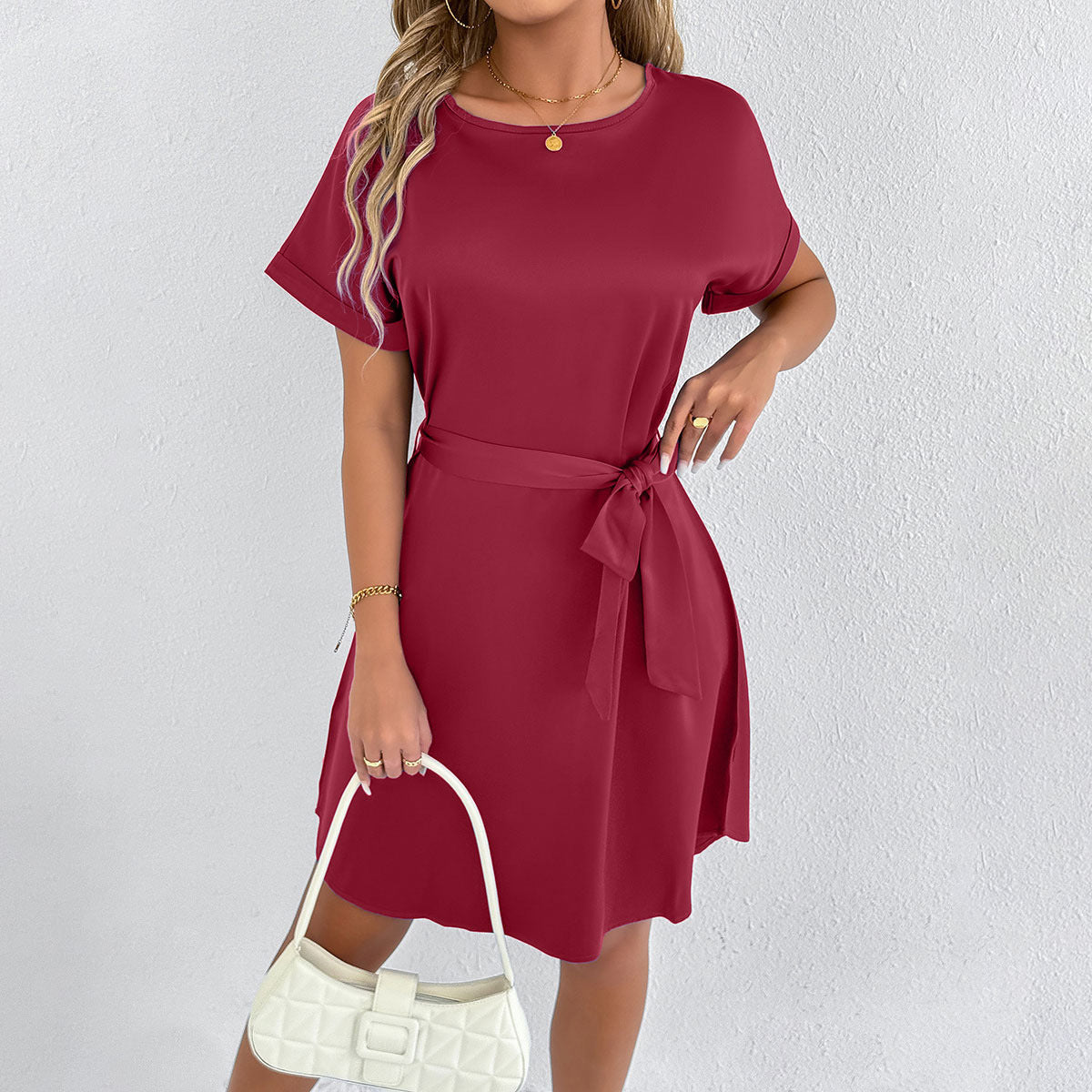 Women’s casual summer dress with fixed waist belt and short sleeve design Ivyshape