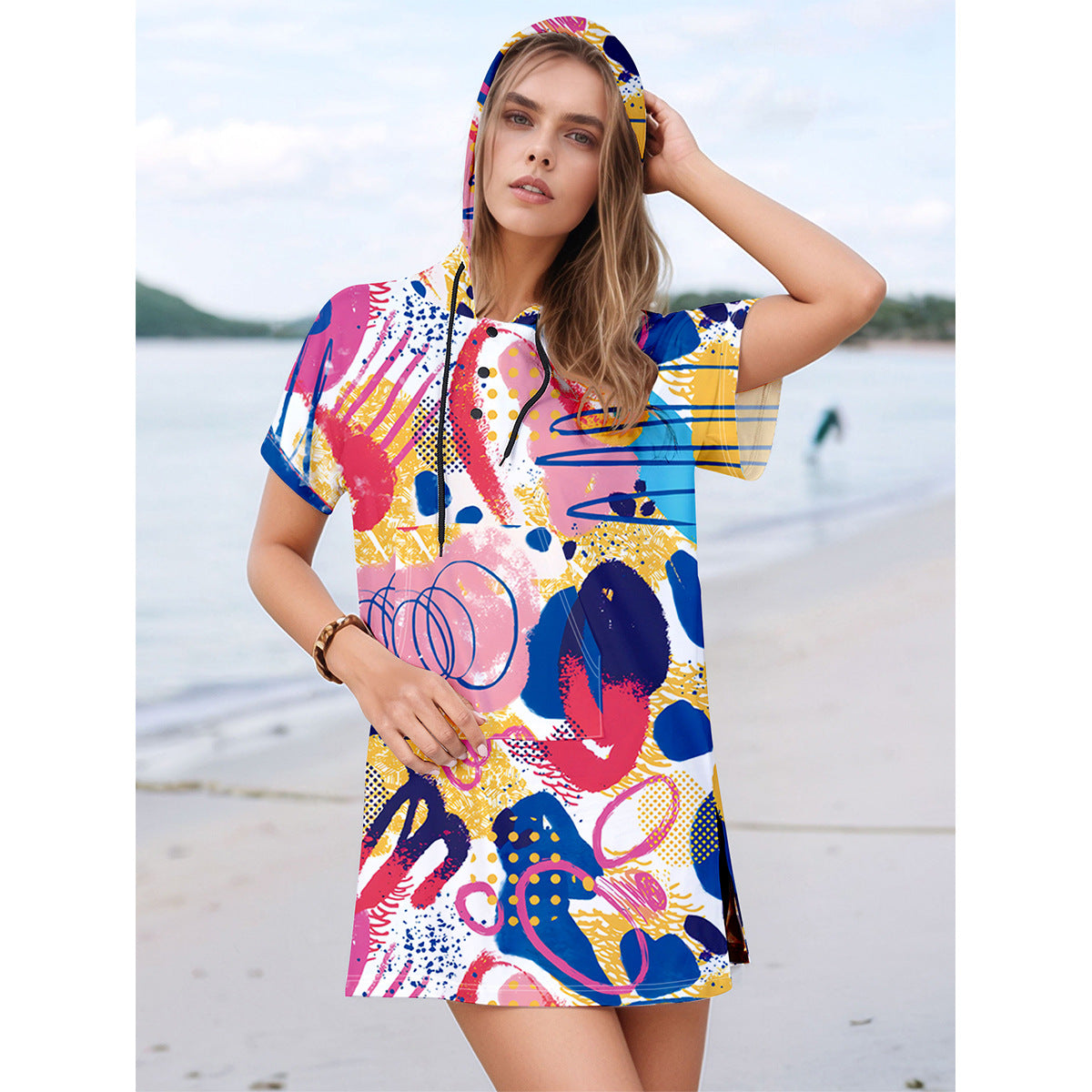 Women's hooded dress with modern abstract pattern Ivyshape