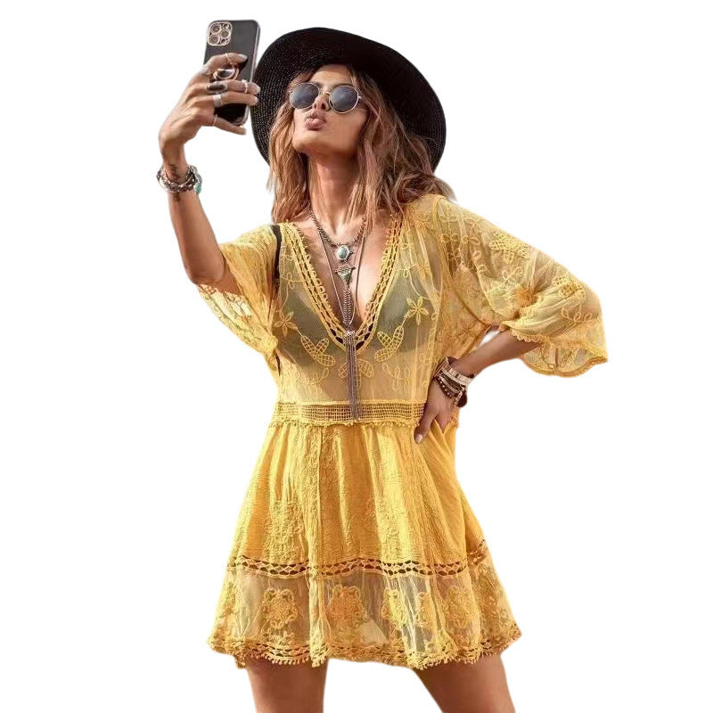 Women's Transparent Beach Tunic with Artistic Embroidery and Elegant V-Neck Ivyshape