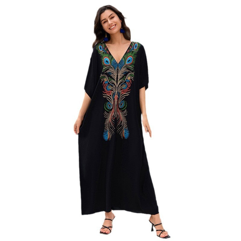 Women's maxi dress with elaborate peacock embroidery design Ivyshape