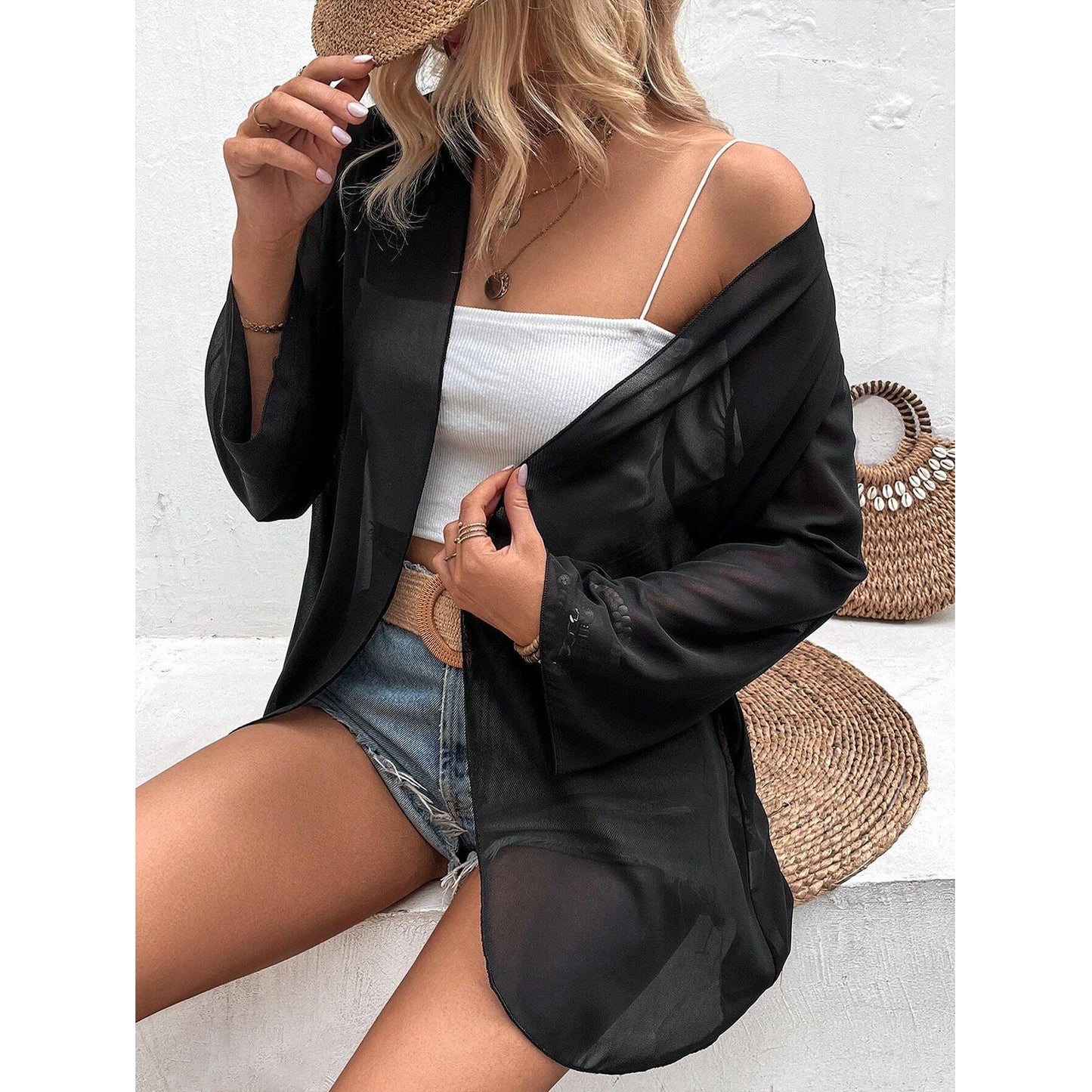 Ladies Transparent Beach Jacket with Loose-Fitting Sleeves and Pockets Ivyshape