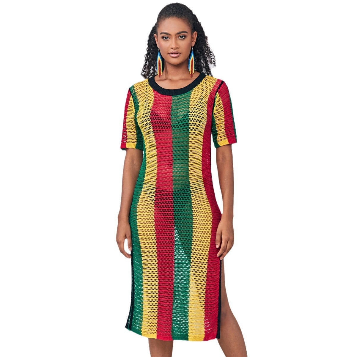 Women airy mesh beach dress with multicolored stripe pattern Ivyshape