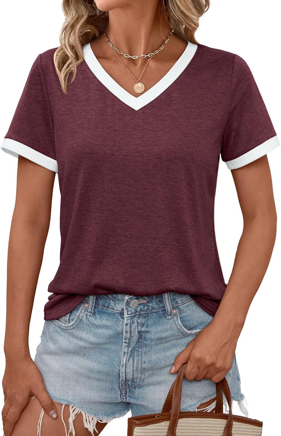 Women Casual V-Neck T-Shirt with Contrast Trim Ivyshape