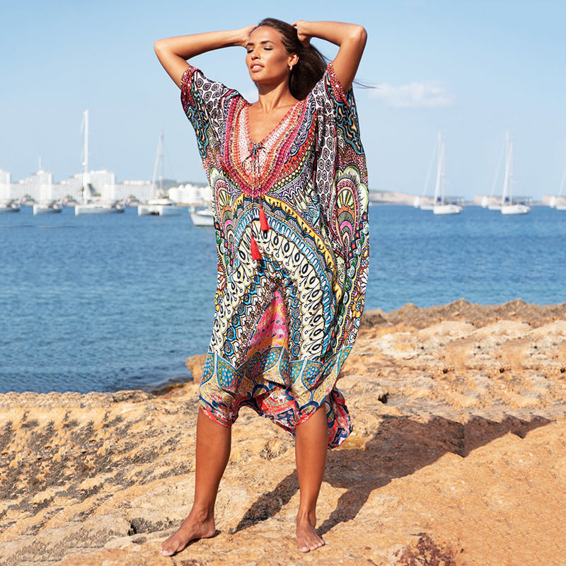 Women's beach tunic with colorful mandala pattern and airy sleeves Ivyshape