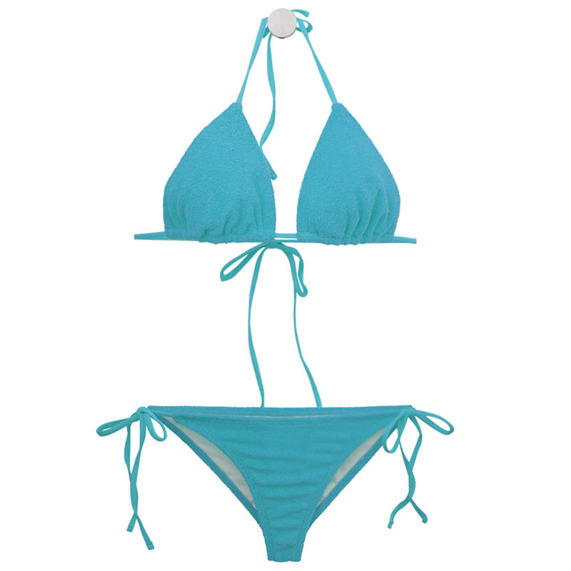 Ladies triangle bikini with elastic ruffle details and adjustable straps Ivyshape
