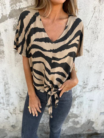 Ladies Elegant V-Neck Tie-Front Blouse Ivyshape