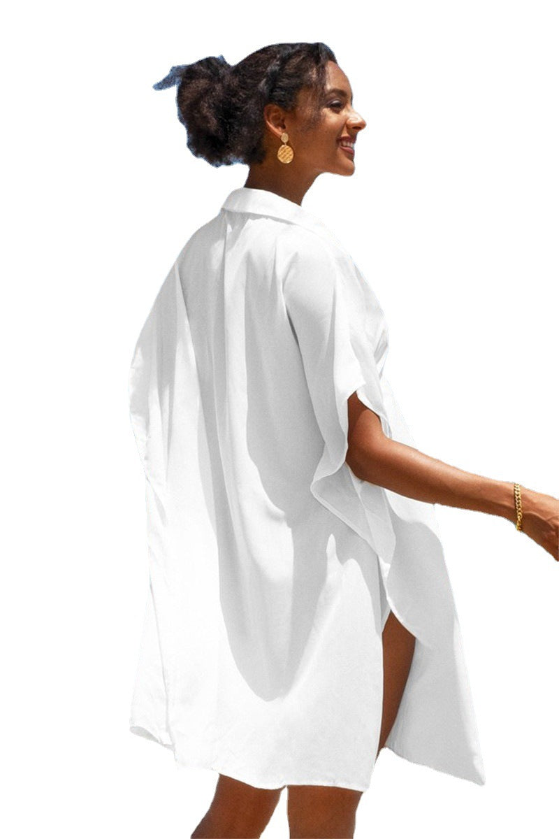 Women's beach blouse with wide sleeves and decorative button design Ivyshape