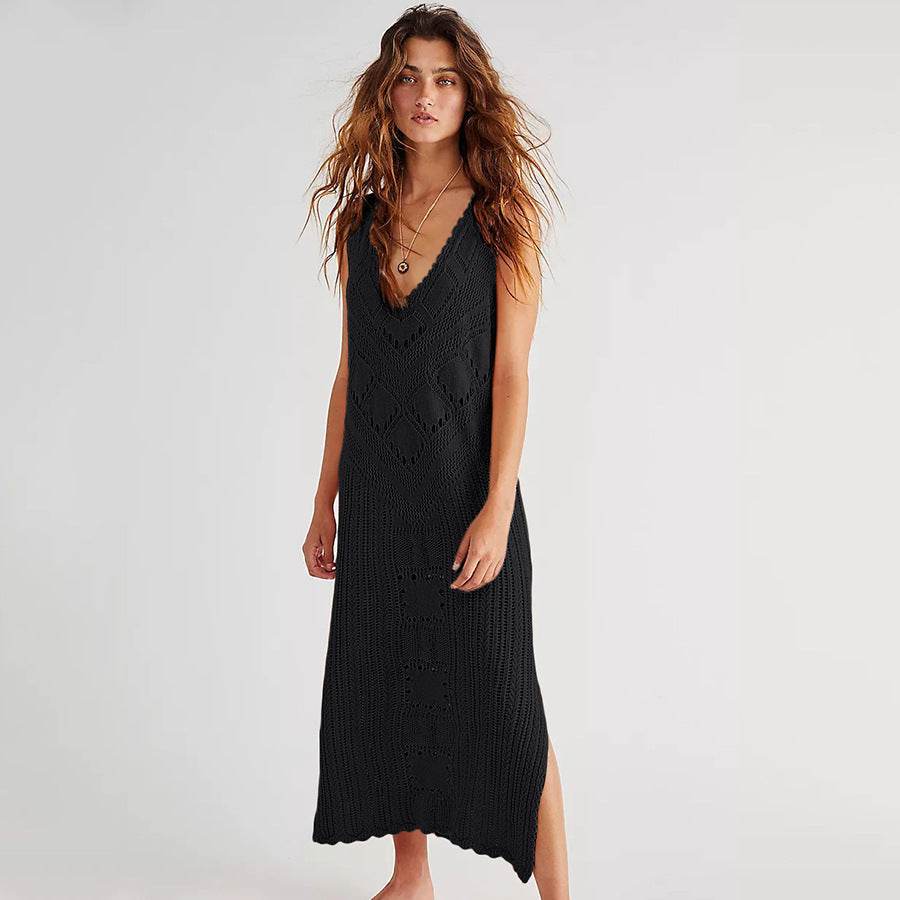 Women's airy crochet beach cover-up with deep V-neckline and decorative pattern Ivyshape