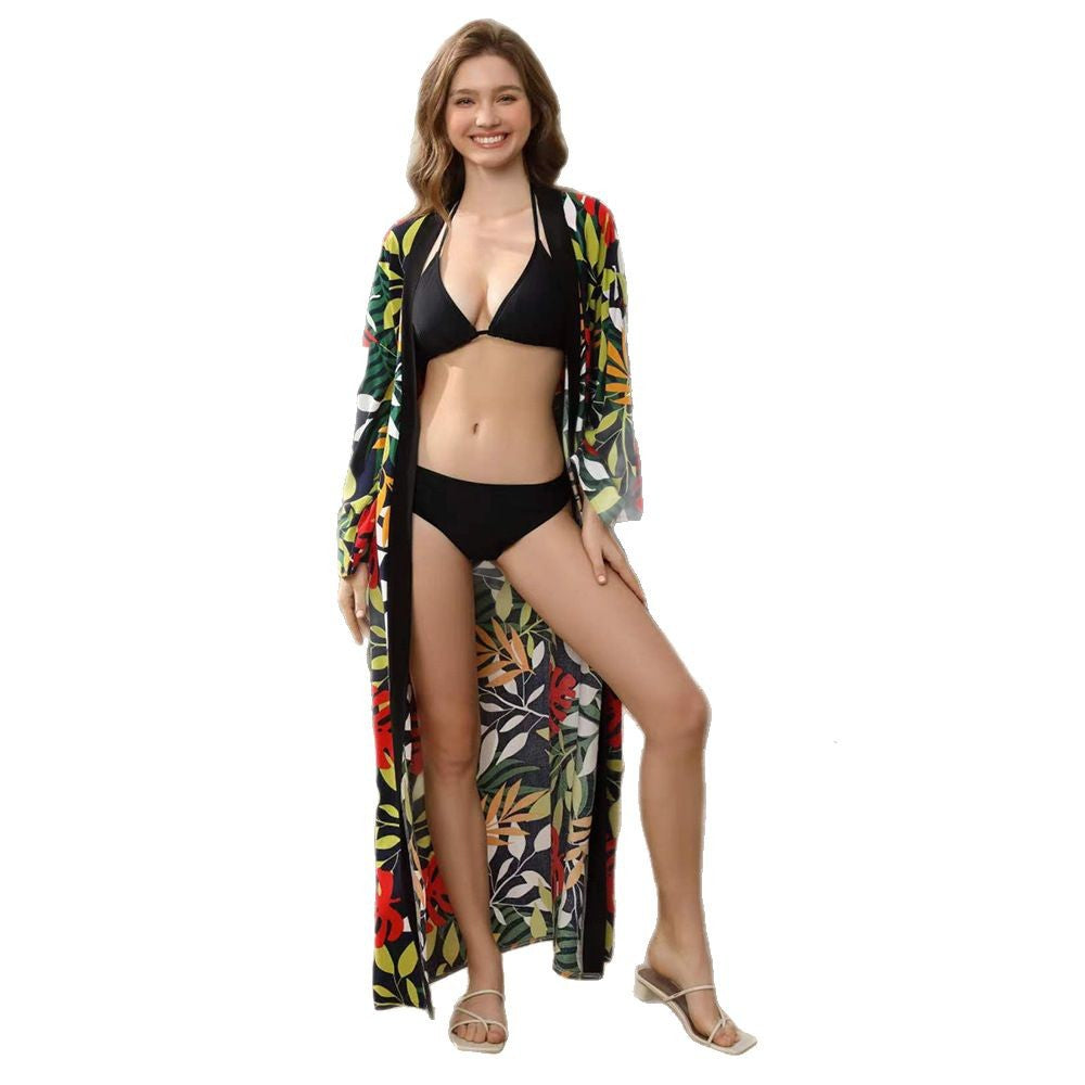 Women's elegant beach kimono with floral pattern and voluminous sleeves Ivyshape