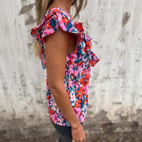 Women Flower Ruffle Sleeve Top Ivyshape