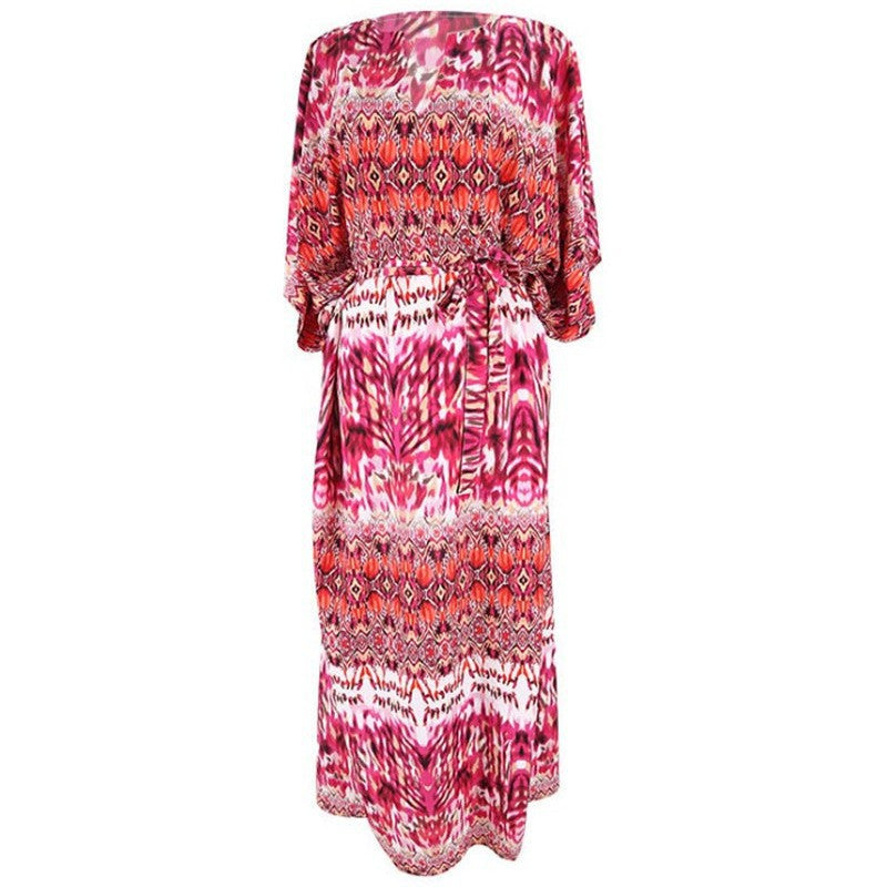 Ladies maxi dress with colorful ethnic pattern and flowing cut Ivyshape