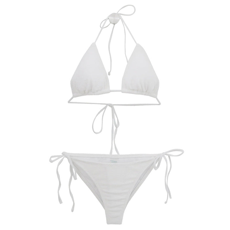 Ladies triangle bikini with elastic ruffle details and adjustable straps Ivyshape