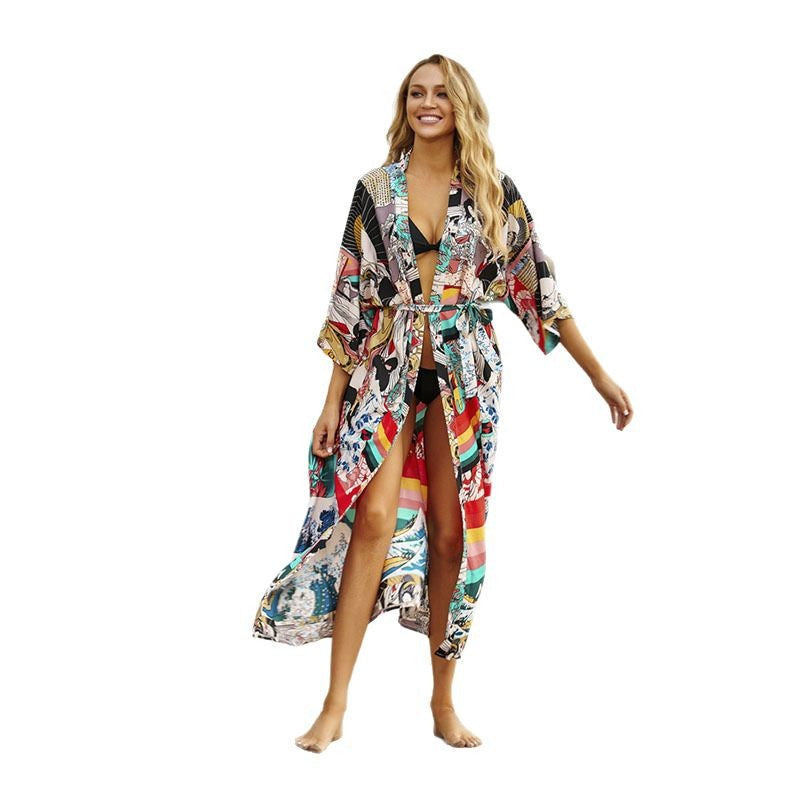 Women's beach kimono with elegant pattern and side slit Ivyshape