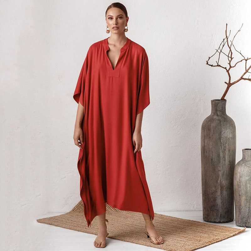 Women's elegant kaftan dress with deep V-neck and wide cut Ivyshape