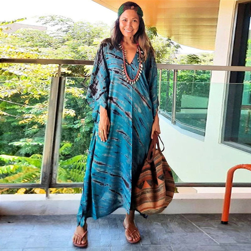 Women's kaftan with timeless batik pattern and elegant V-neck Ivyshape