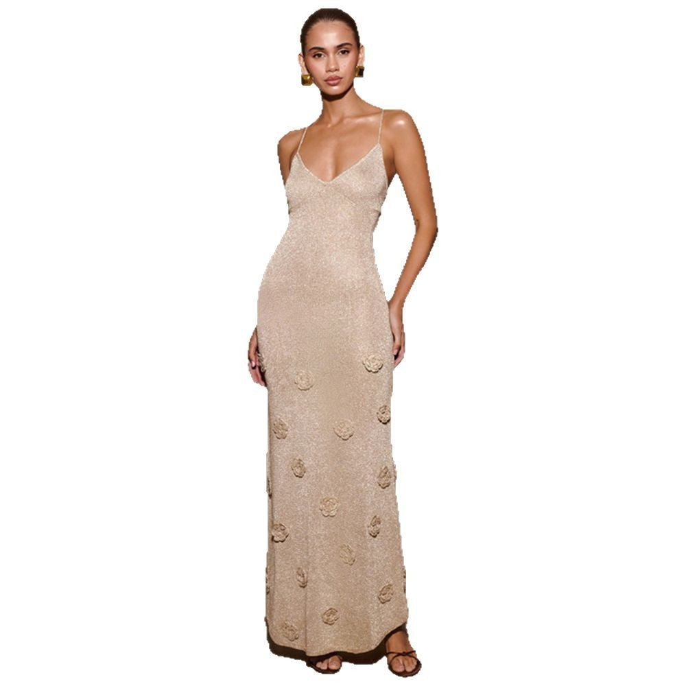Women's maxi dress with shiny fabric and floral design Ivyshape