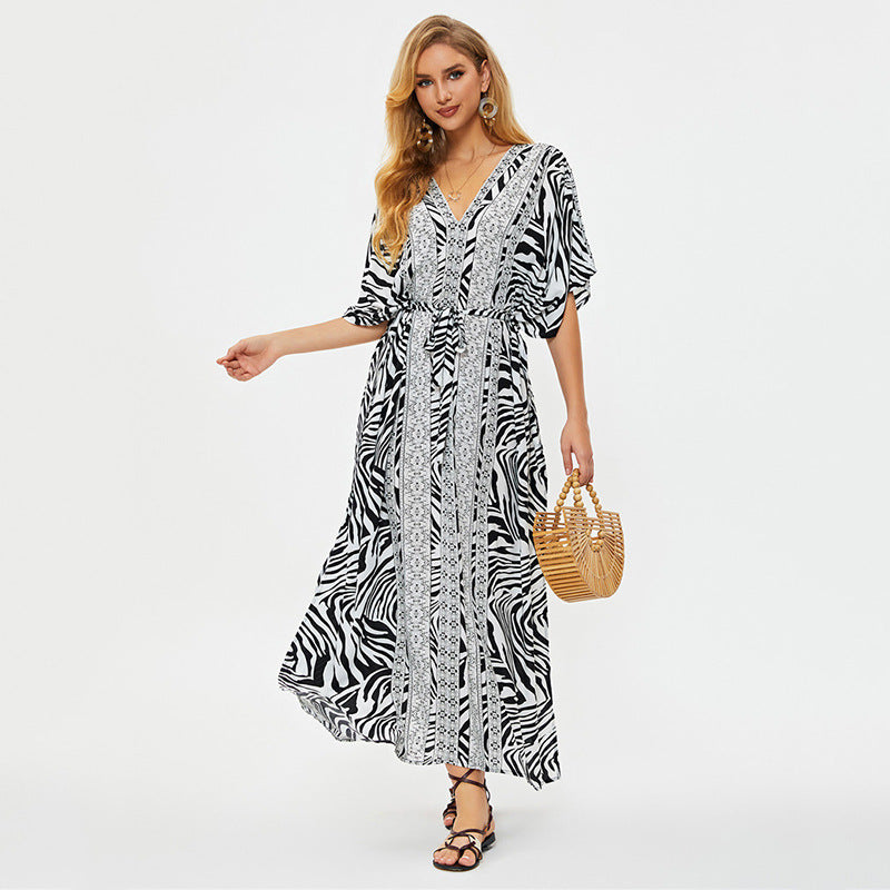 Women's maxi dress with sophisticated zebra print and side tie Ivyshape