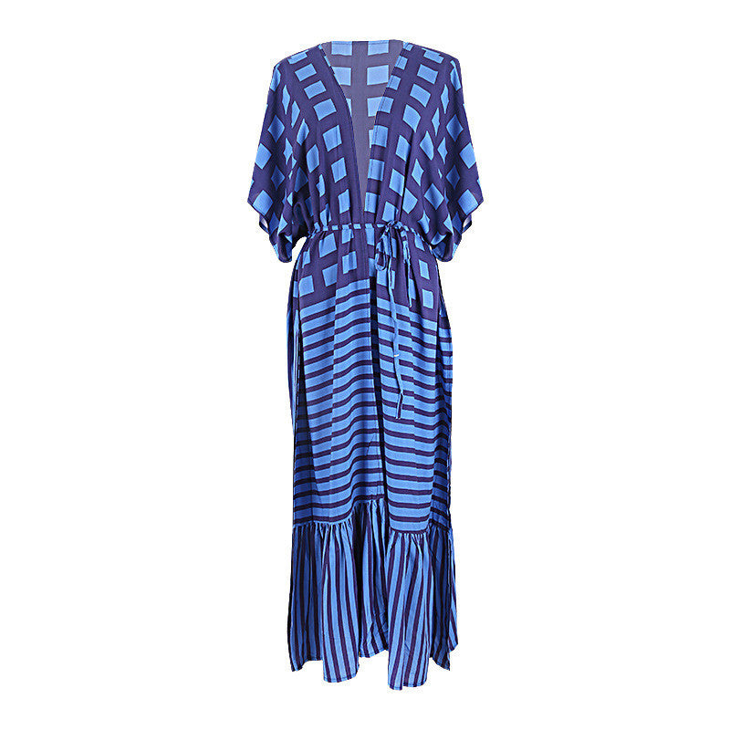 Women's airy beach cover-up with fringed hem and modern stripe details Ivyshape