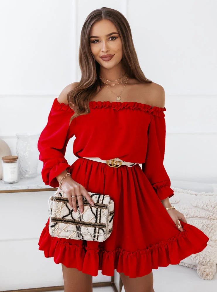 Women's Off-Shoulder Dress with Ruffle Details and Elastic Waist Ivyshape