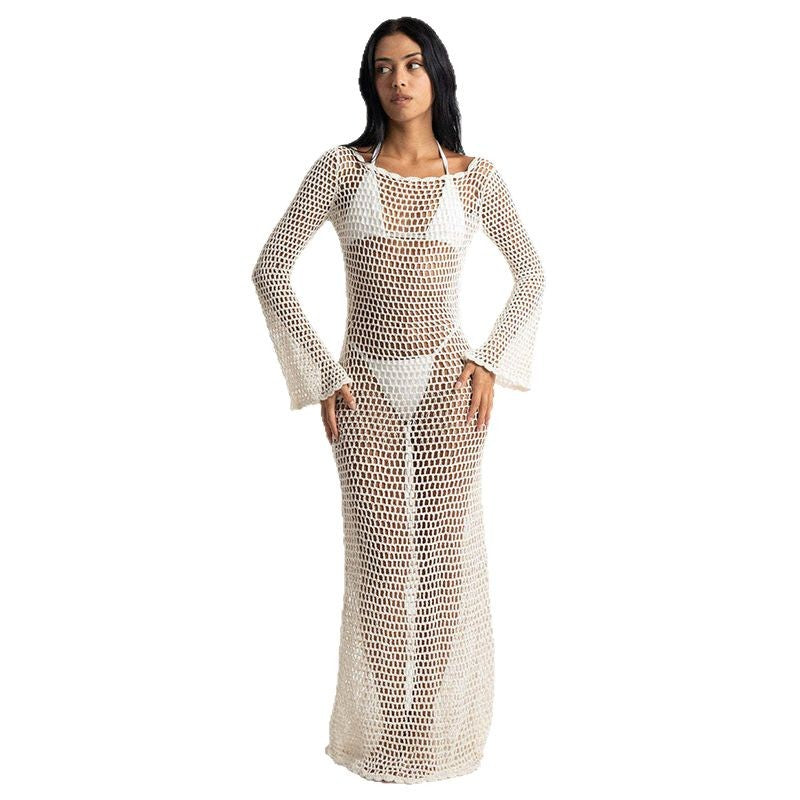 Women's Net Maxi Dress with Wide Flared Sleeves and Fitted Cut Ivyshape