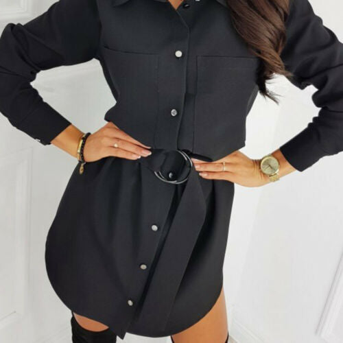 Women's shirt dress with fashionable belt and elegant button details Ivyshape