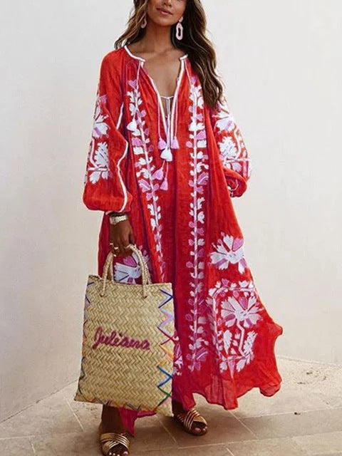 Ladies Long Kaftan with Floral Embroidery and Airy Sleeves Ivyshape