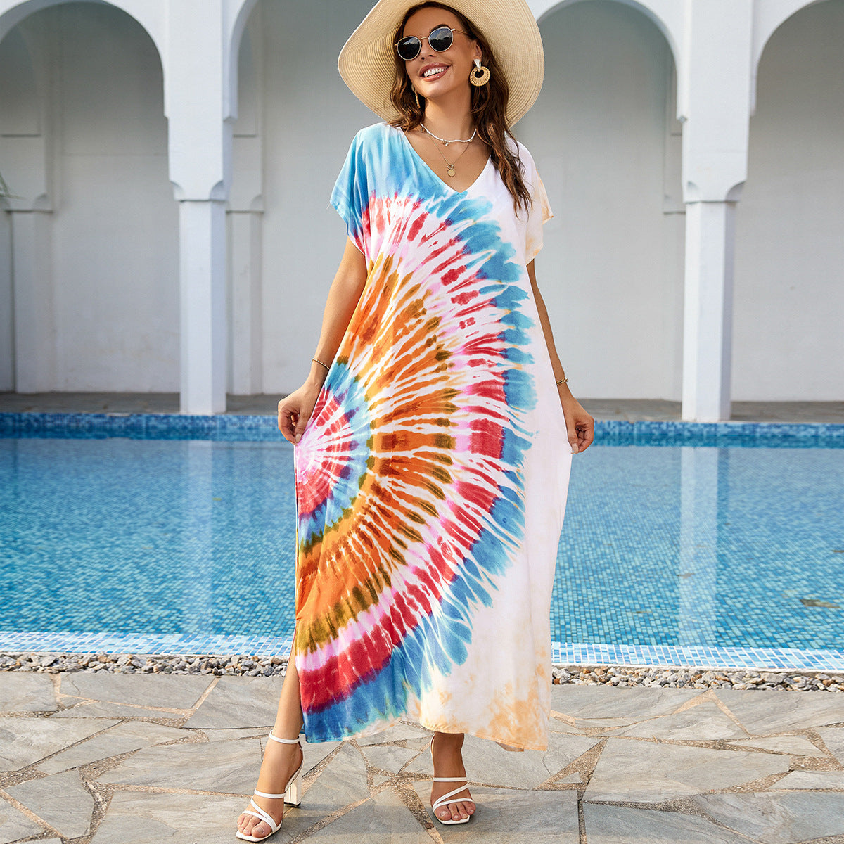 Women's maxi dress with colorful tie-dye pattern and side slit Ivyshape
