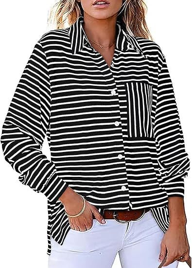 Women Casual Striped Blouse with Pocket and Button Placket Ivyshape