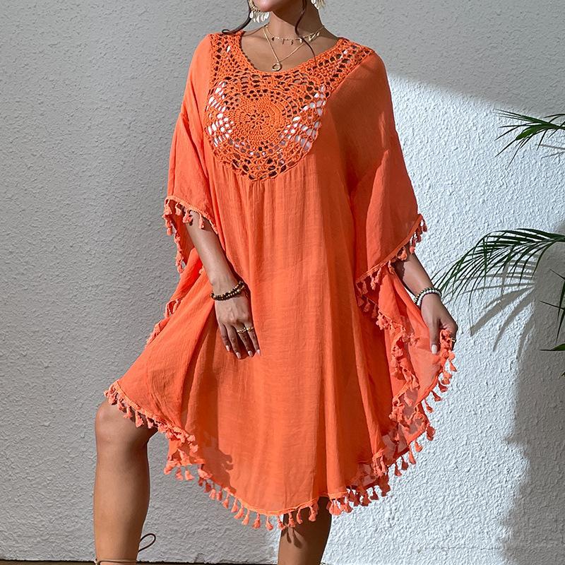 Women's lightweight beach cover-up with intricate crochet accents and fringe details Ivyshape