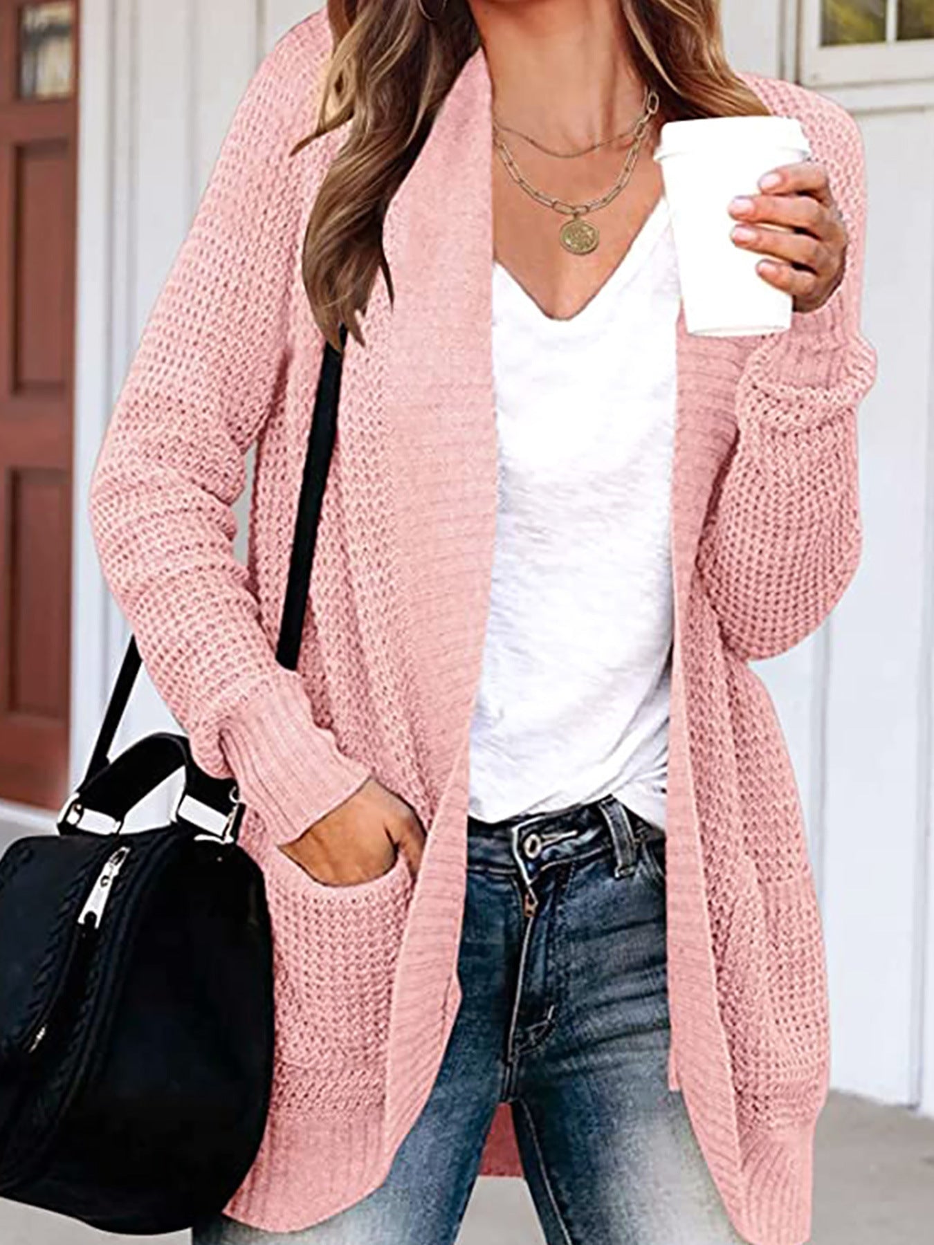 Women casual knit cardigan with practical pockets and open design Ivyshape
