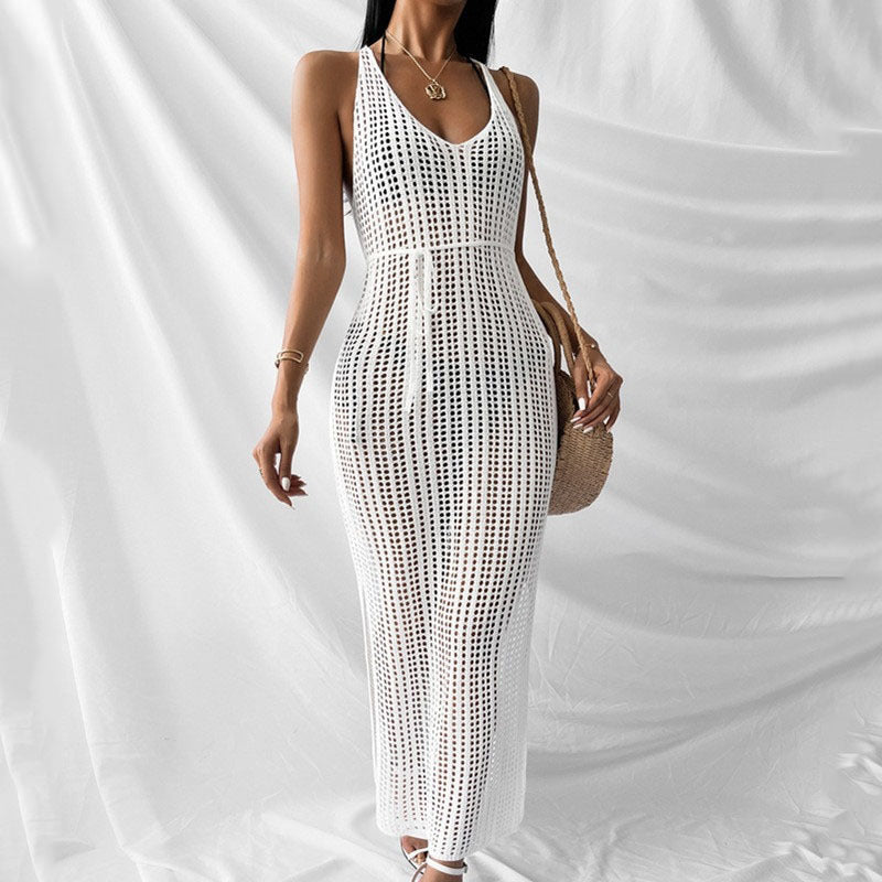 Ladies airy beach dress with exquisite crochet pattern and side slit Ivyshape