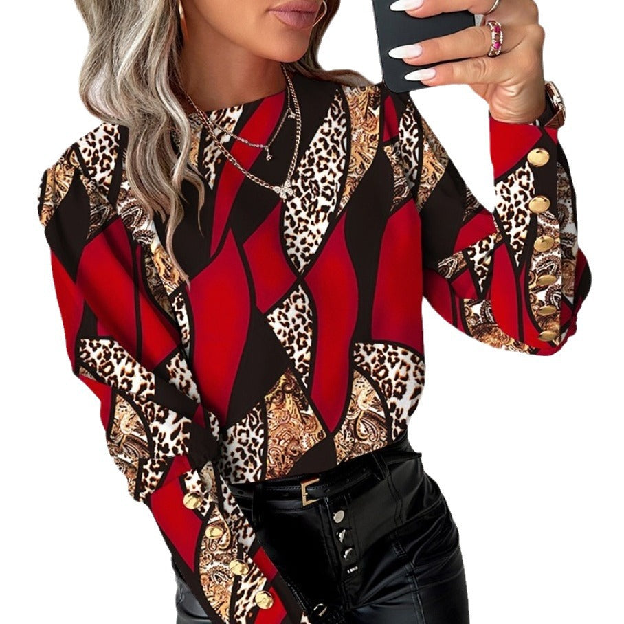 Ladies Fashionable Blouse with Unique Pattern and Golden Buttons Ivyshape