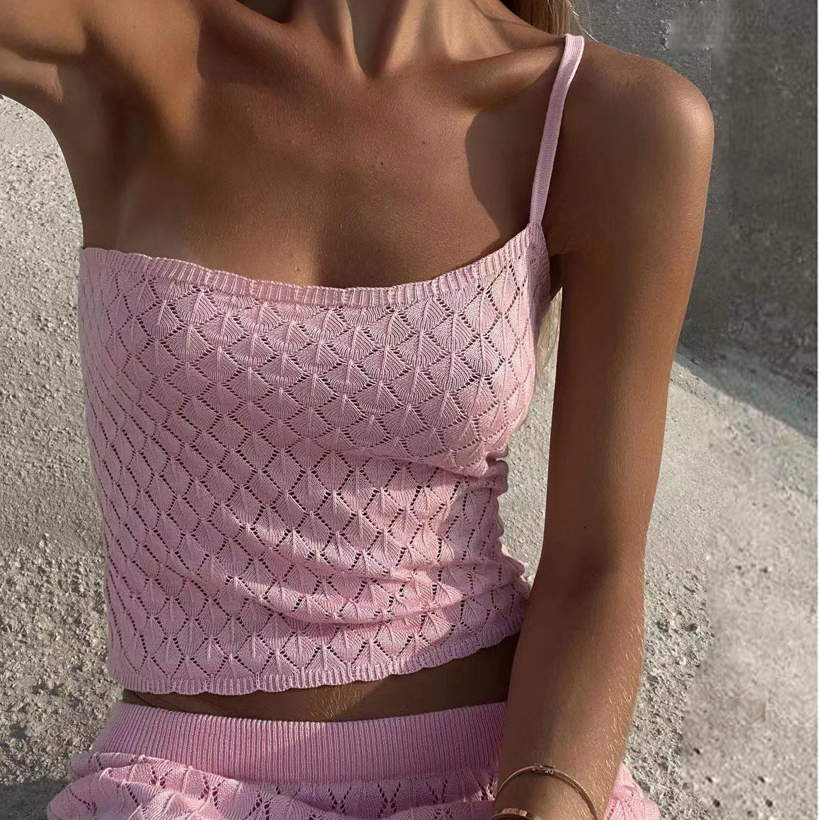 Ladies two-piece set in fashionable crochet design with form-fitting top and long skirt Ivyshape