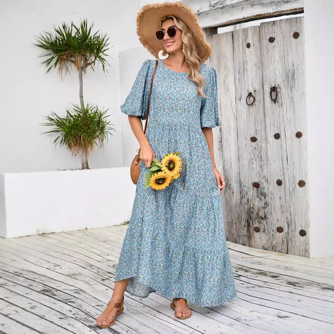 Women's maxi dress with playful floral design and elastic waist tie Ivyshape