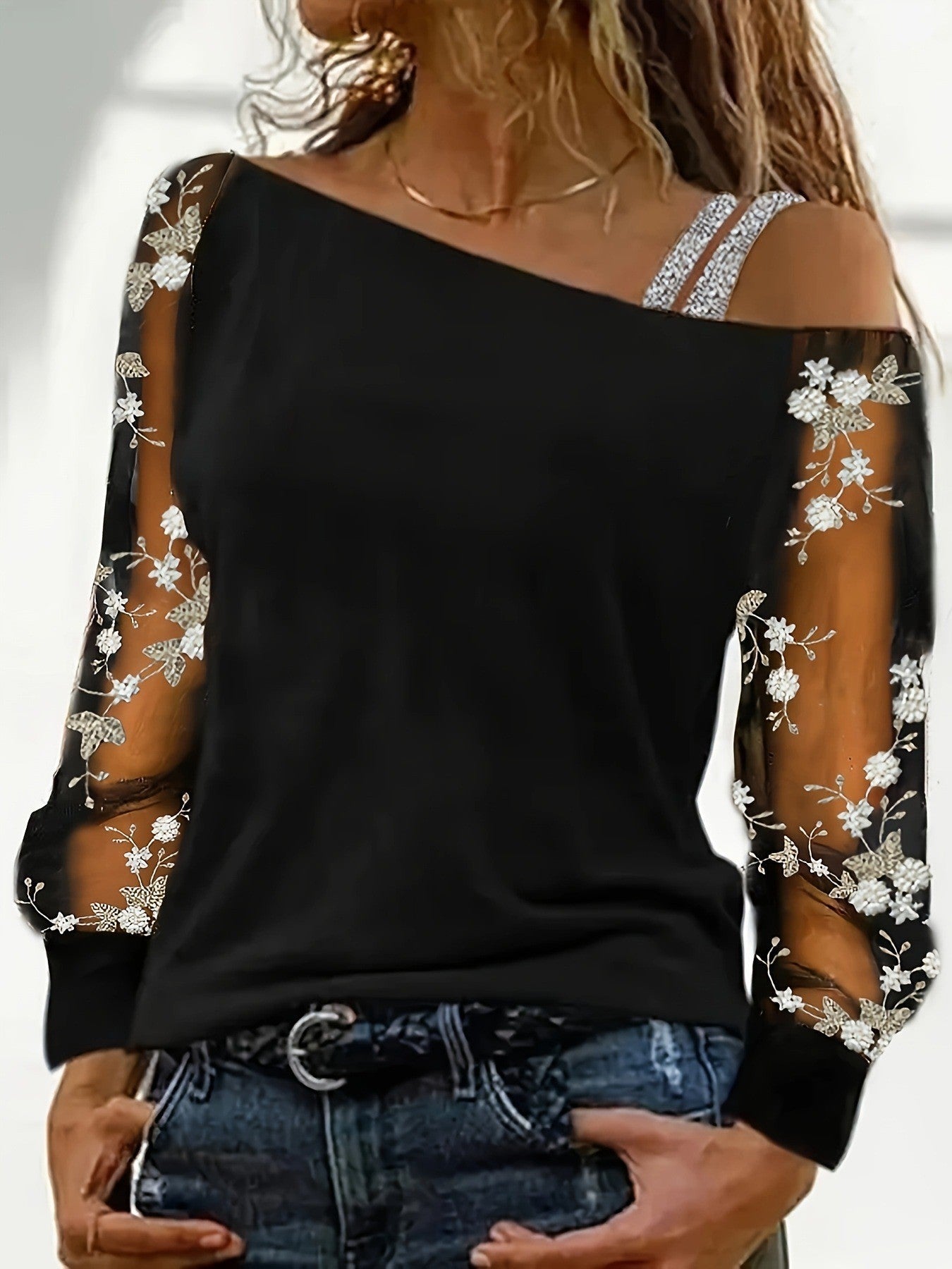 Ladies Off-Shoulder Floral Embellished Blouse Ivyshape