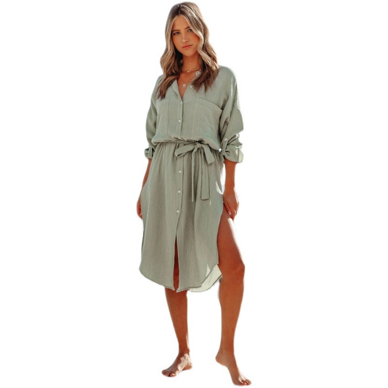 Women’s kaftan blouse dress with adjustable waist belt and knee-high slit Ivyshape