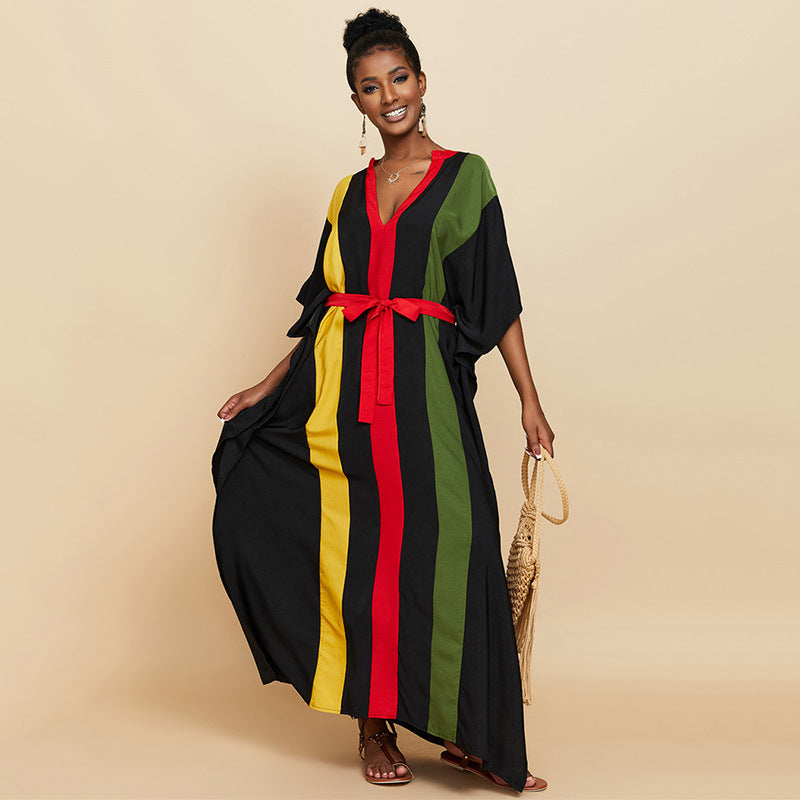 Ladies Maxi Dress with stylish stripes and waist belt Ivyshape