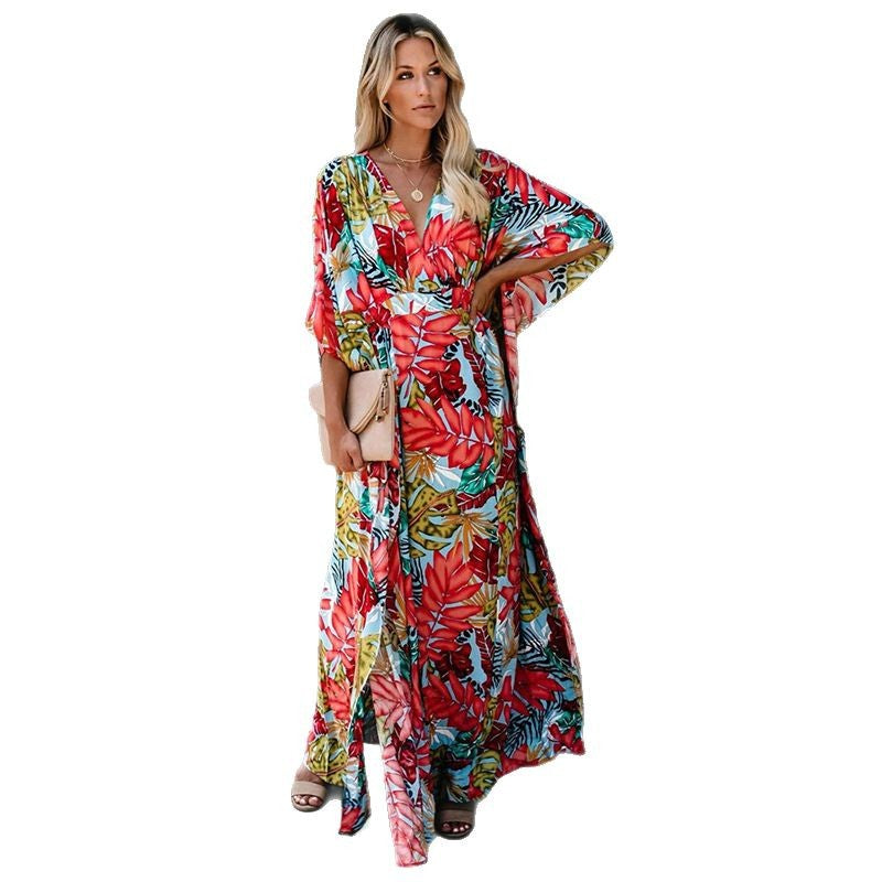Women's maxi dress with deep V-neck and elegant wing sleeves Ivyshape